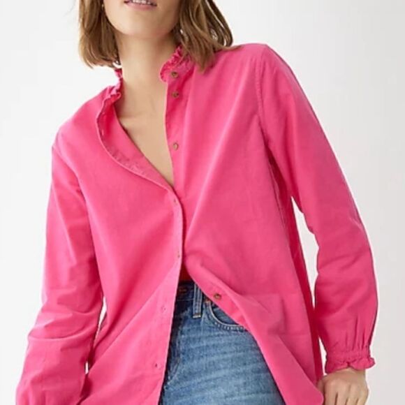 J CREW Corduroy Ruffleneck Hot Pink Button Down Shirt Sz 0 NWT - Picture 7 of 12